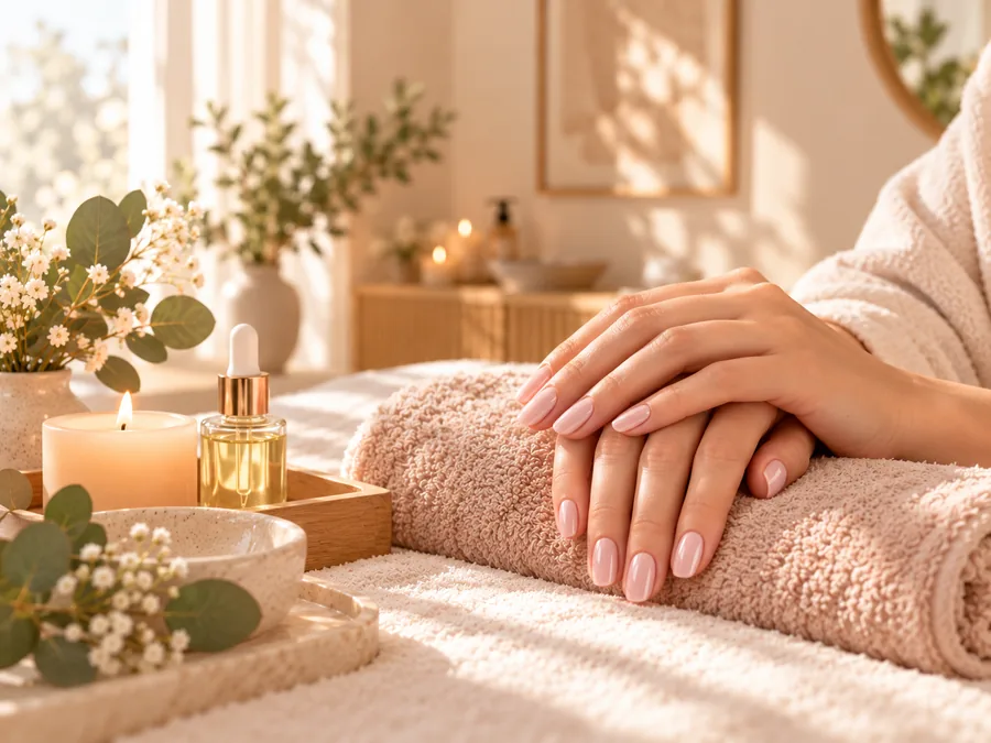 Manos con uñas rosadas apoyadas sobre toallas, junto a una vela.